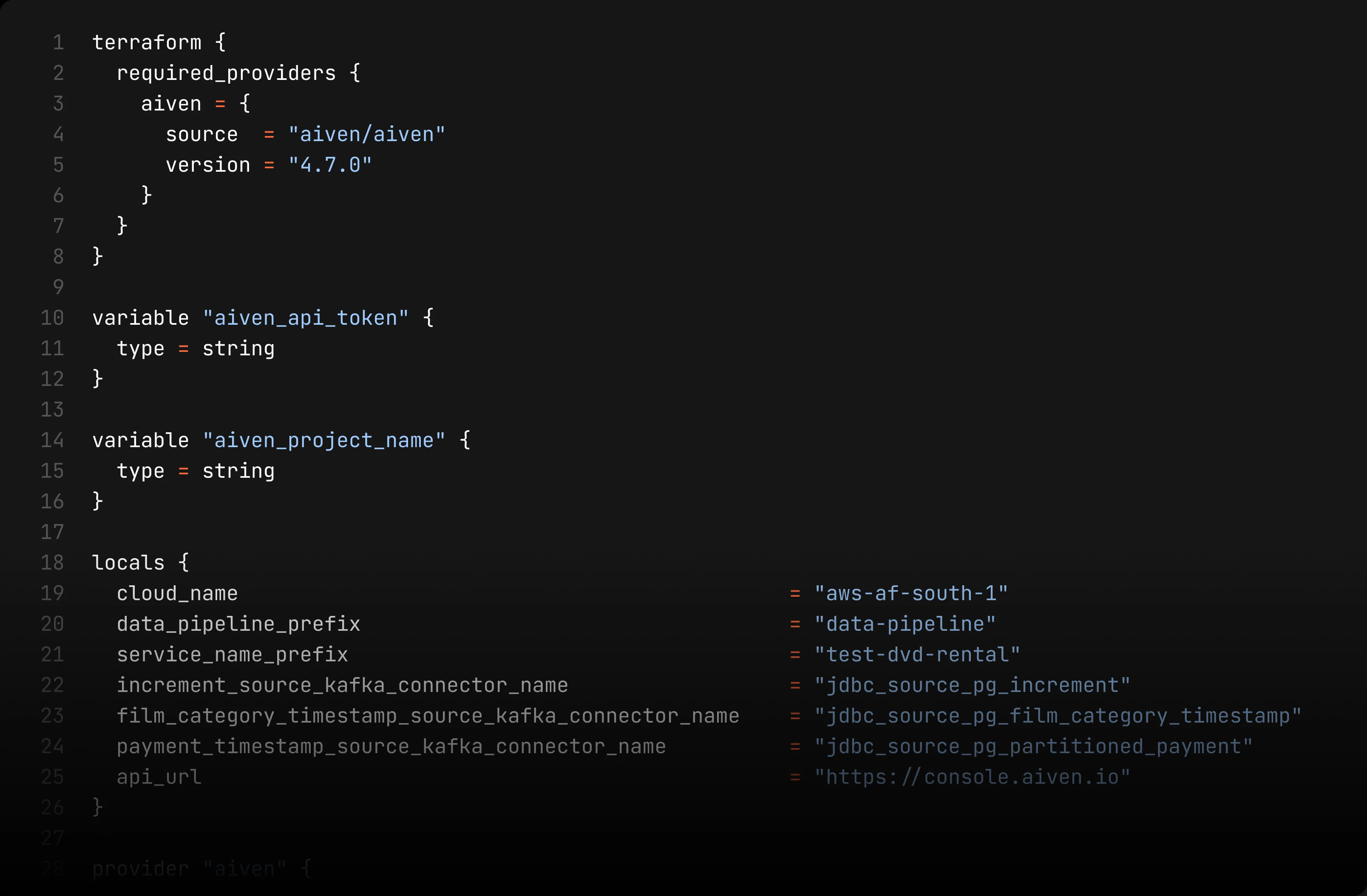 Terraform configuration for the Aiven data pipeline